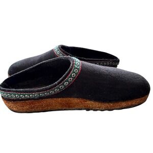 Haflinger Grizzly Wool Felt Clogs Black Embroidered Trim Cork Mules Mens Womens